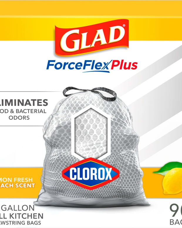 Glad Trash Bags, Tall Kitchen Garbage Bags ForceFlex Plus with Clorox, 13 Gallon, Lemon Fresh Bleach Scent 90 Count (Package May Vary), White-gray, Lemon Fresh
