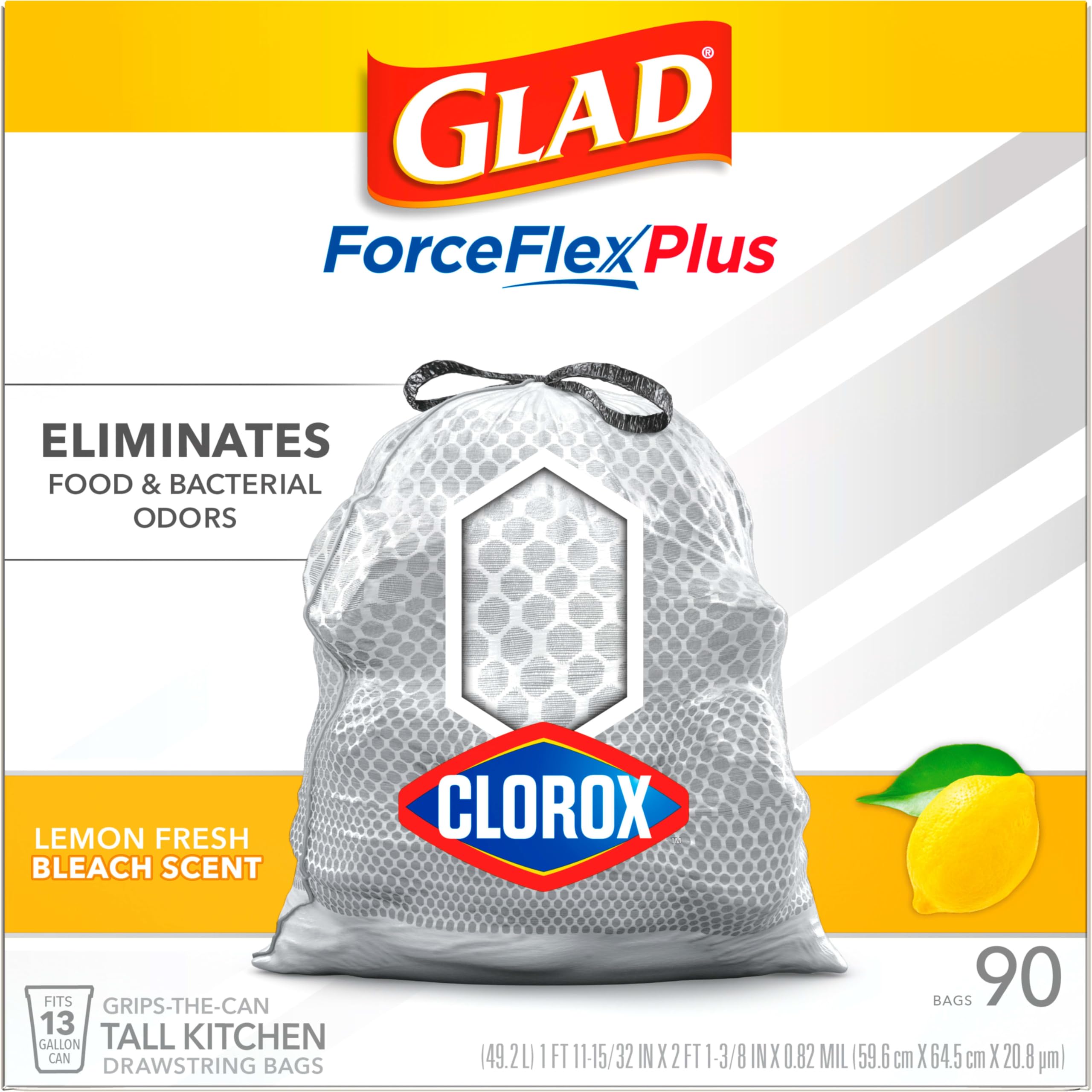 Glad Trash Bags, Tall Kitchen Garbage Bags ForceFlex Plus with Clorox, 13 Gallon, Lemon Fresh Bleach Scent 90 Count (Package May Vary), White-gray, Lemon Fresh