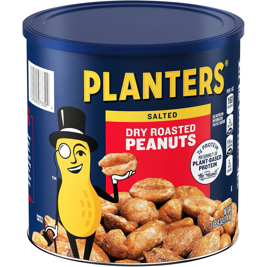 PLANTERS Salted Dry Roasted Peanuts, Party Snacks, Plant Based Protein 52 Oz Cannister