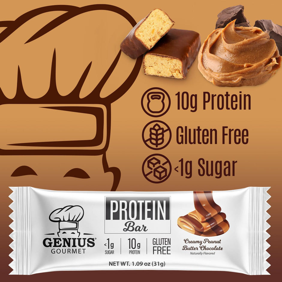 Genius Gourmet Protein Bar, Chocolate Peanut Butter, Keto Snack, Low Carb, Low Sugar & Gluten Free, Protein Snacks for Adults, 10G of Whey Protein per Protein Bar, 5 Net Carbs, 20 Count