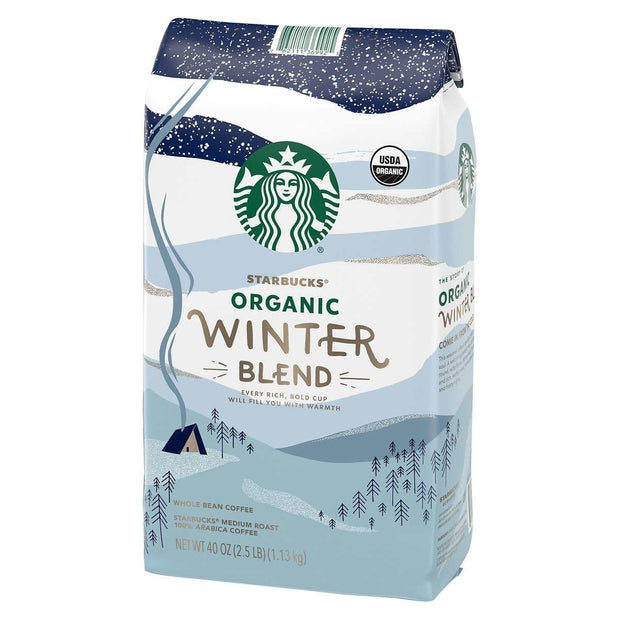 Starbucks Organic Coffee Winter Blend Whole Bean Medium Roast Arabica, Chocolate, 40 Oz