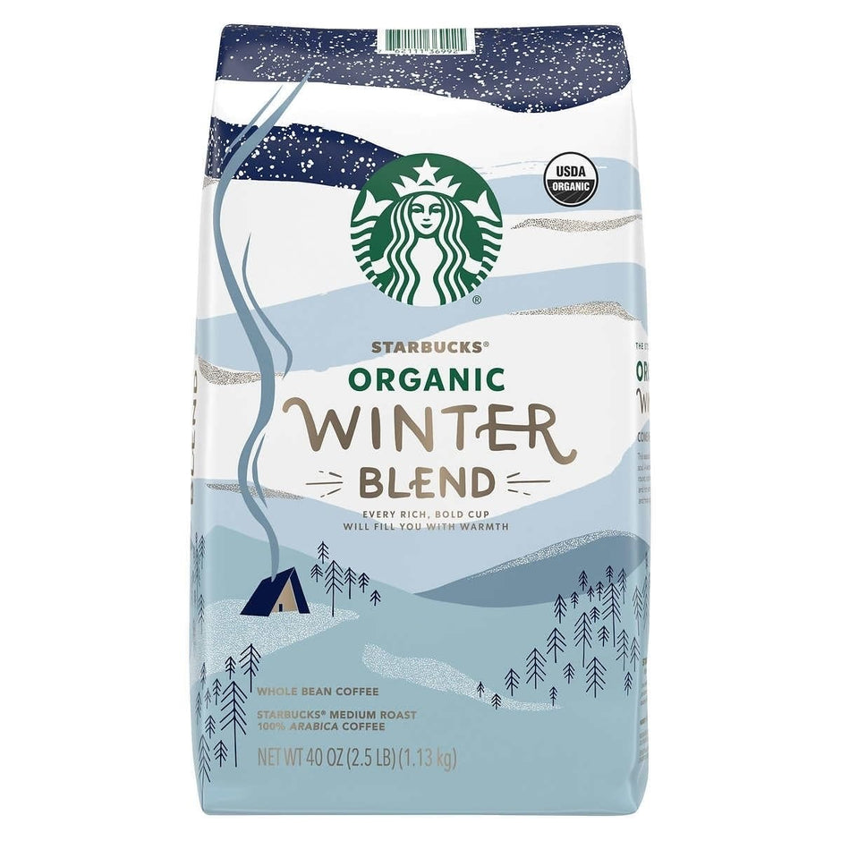 Starbucks Organic Coffee Winter Blend Whole Bean Medium Roast Arabica, Chocolate, 40 Oz