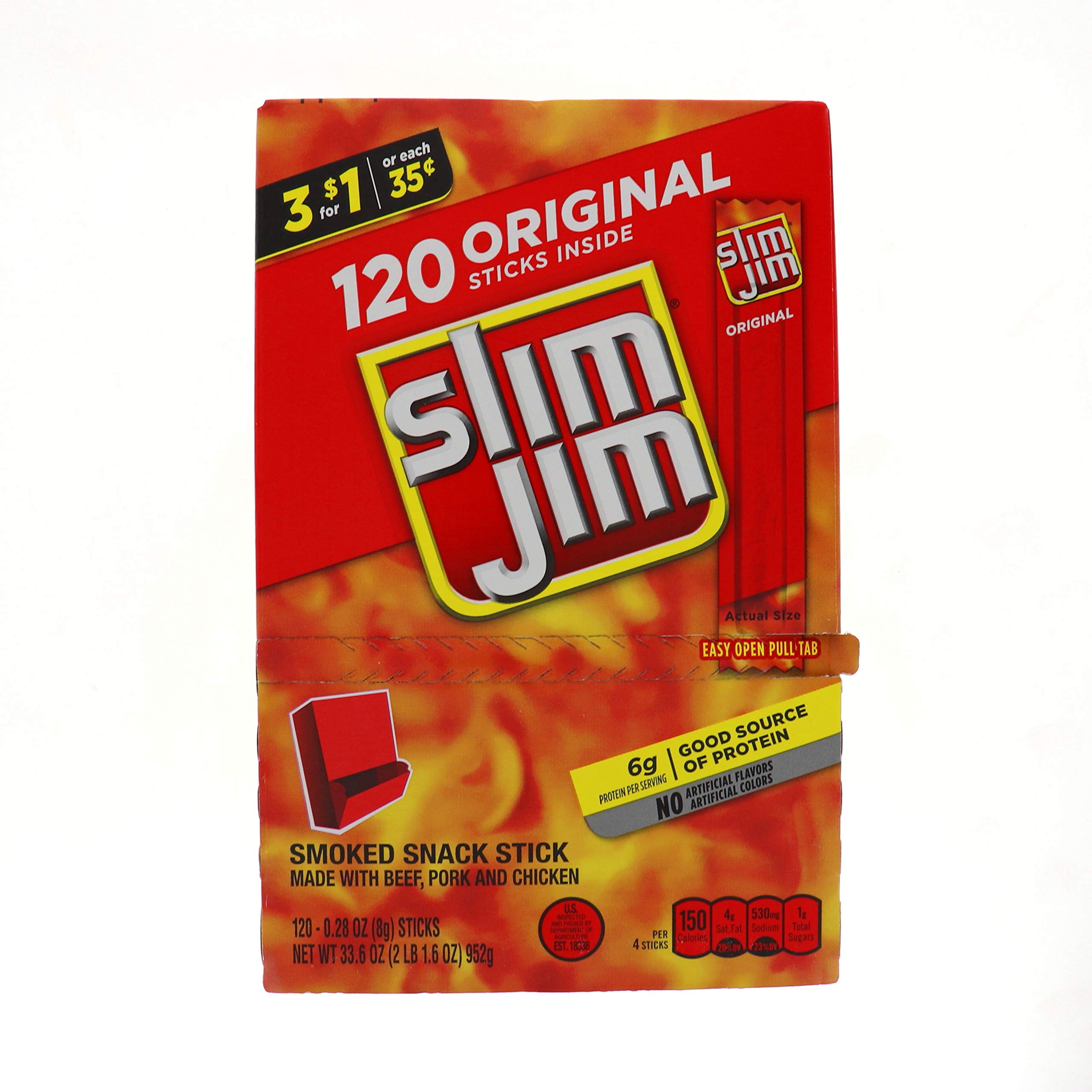 Slim Jim Original Snack Stick 3/$1.00, 0.28 oz, 120 Count (JERKYS)