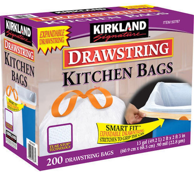 Kirkland Signature 13 Gallon 200 Ct Carton 100% recyclable Heavy Duty Drawstring Kitchen Trash Bags Garbage Bag,White