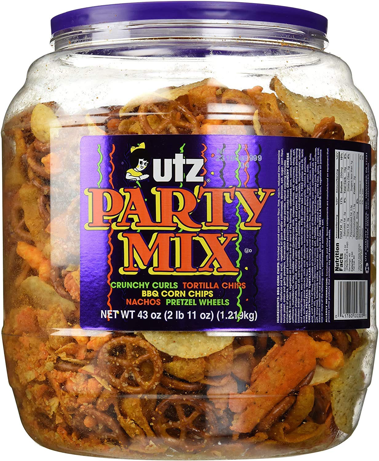 Utz Party Mix - 43 Ounce Barrel - Tasty Snack Mix Includes Corn Tortillas, Nacho Tortillas, Pretzels, BBQ Corn Chips and Cheese Curls, Easy and Quick Party Snack, Cholesterol Free and Trans-Fat Free