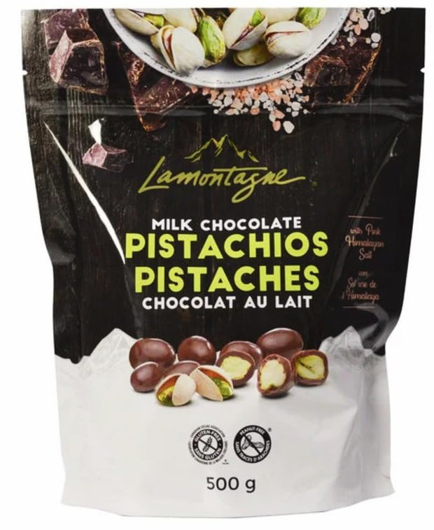 LAMONTAGNE Milk Chocolate Covered Sea Salt Pistachios with Pink Himalayan Salt, 17.68 Ounce (500 g) + NAJD LLC Sticker + Reusable Ice Packs.