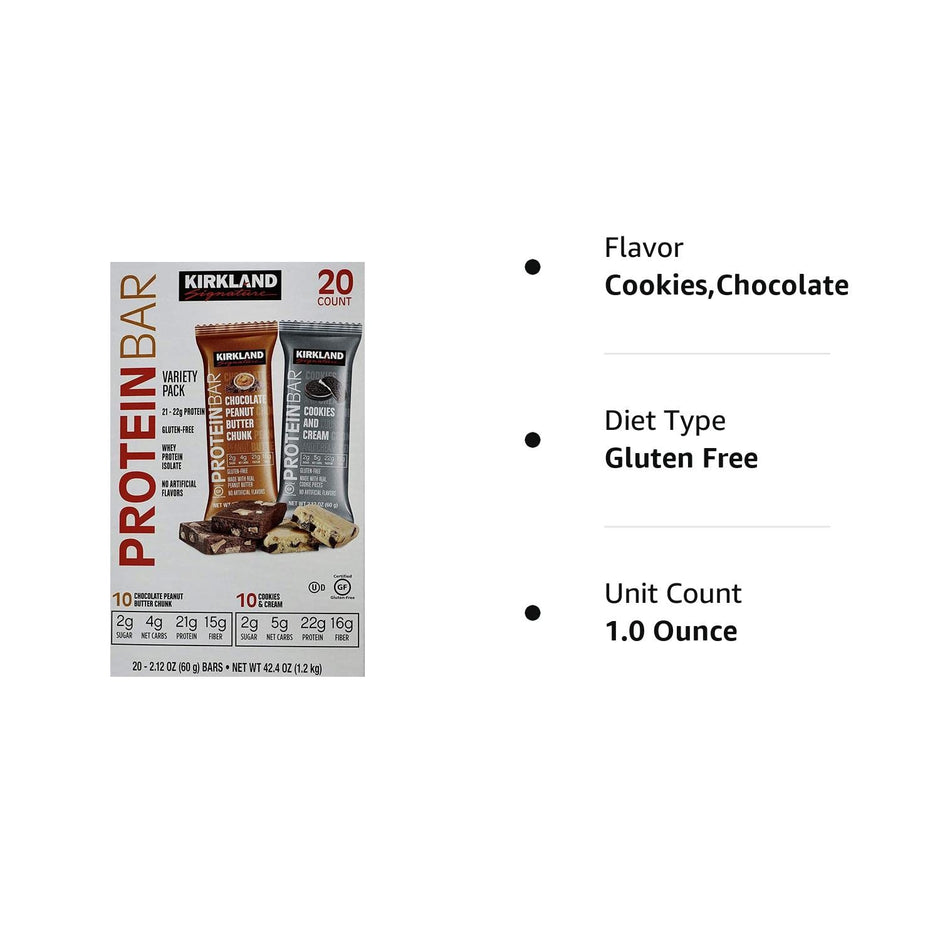 Kirkland Signature Protein Bars Chocolate Peanut Butter Chunk/ Cookies & Cream Flavor, 42.4 Oz, 20 Count