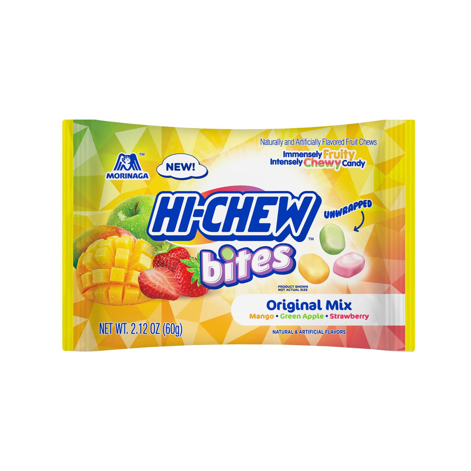 HI-CHEW Bites Original Mix, Pack of 12 Bags, 2.12oz each | Mango Green Apple Strawberry Chewlets | Unique Fun Soft & Chewy Taffy Candy | Immensely Juicy Fruit Flavors