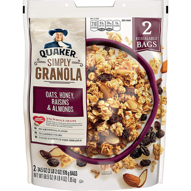 Quaker Natural Granola Oats, Honey, Raisins and Almonds - Two 34.5oz Bags, Set of 2