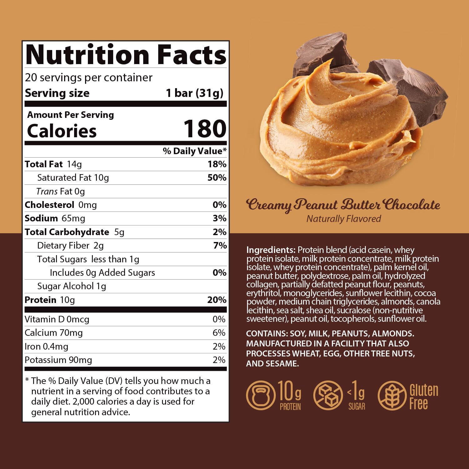 Genius Gourmet Protein Bar, Chocolate Peanut Butter, Keto Snack, Low Carb, Low Sugar & Gluten Free, Protein Snacks for Adults, 10G of Whey Protein per Protein Bar, 5 Net Carbs, 20 Count