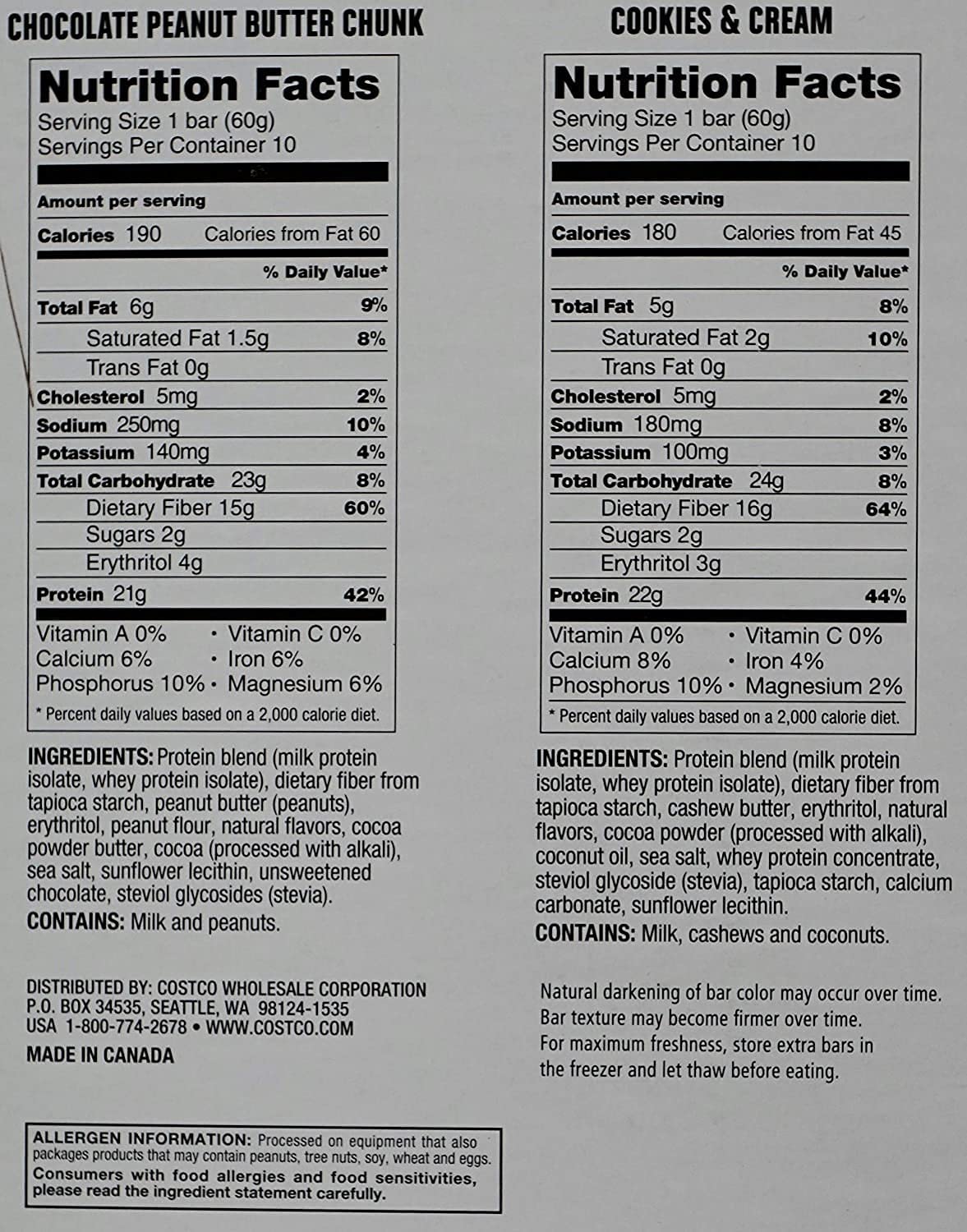 Kirkland Signature Protein Bars Chocolate Peanut Butter Chunk/ Cookies & Cream Flavor, 42.4 Oz, 20 Count