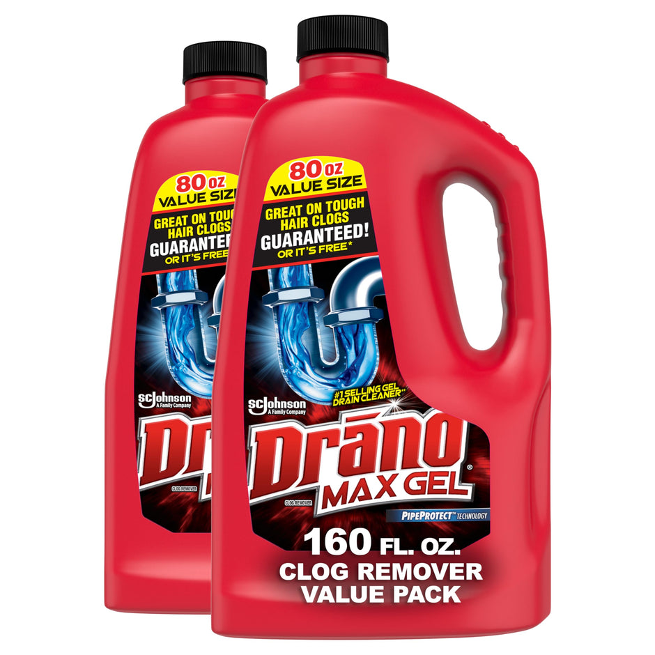 Drano Max Gel Drain Clog Remover and Cleaner for Shower or Sink Drains, Unclogs and Removes Hair, Soap Scum and Blockages, 80 Oz, Pack of 2