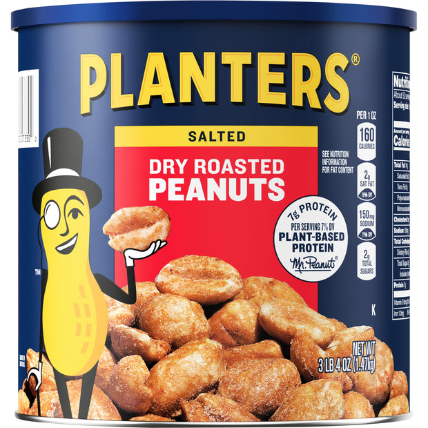 PLANTERS Salted Dry Roasted Peanuts, Party Snacks, Plant Based Protein 52 Oz Cannister