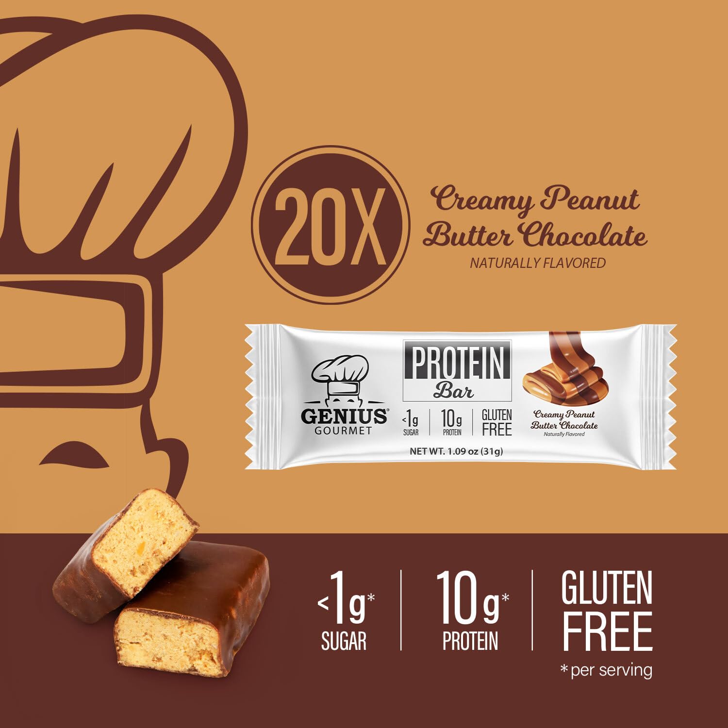 Genius Gourmet Protein Bar, Chocolate Peanut Butter, Keto Snack, Low Carb, Low Sugar & Gluten Free, Protein Snacks for Adults, 10G of Whey Protein per Protein Bar, 5 Net Carbs, 20 Count