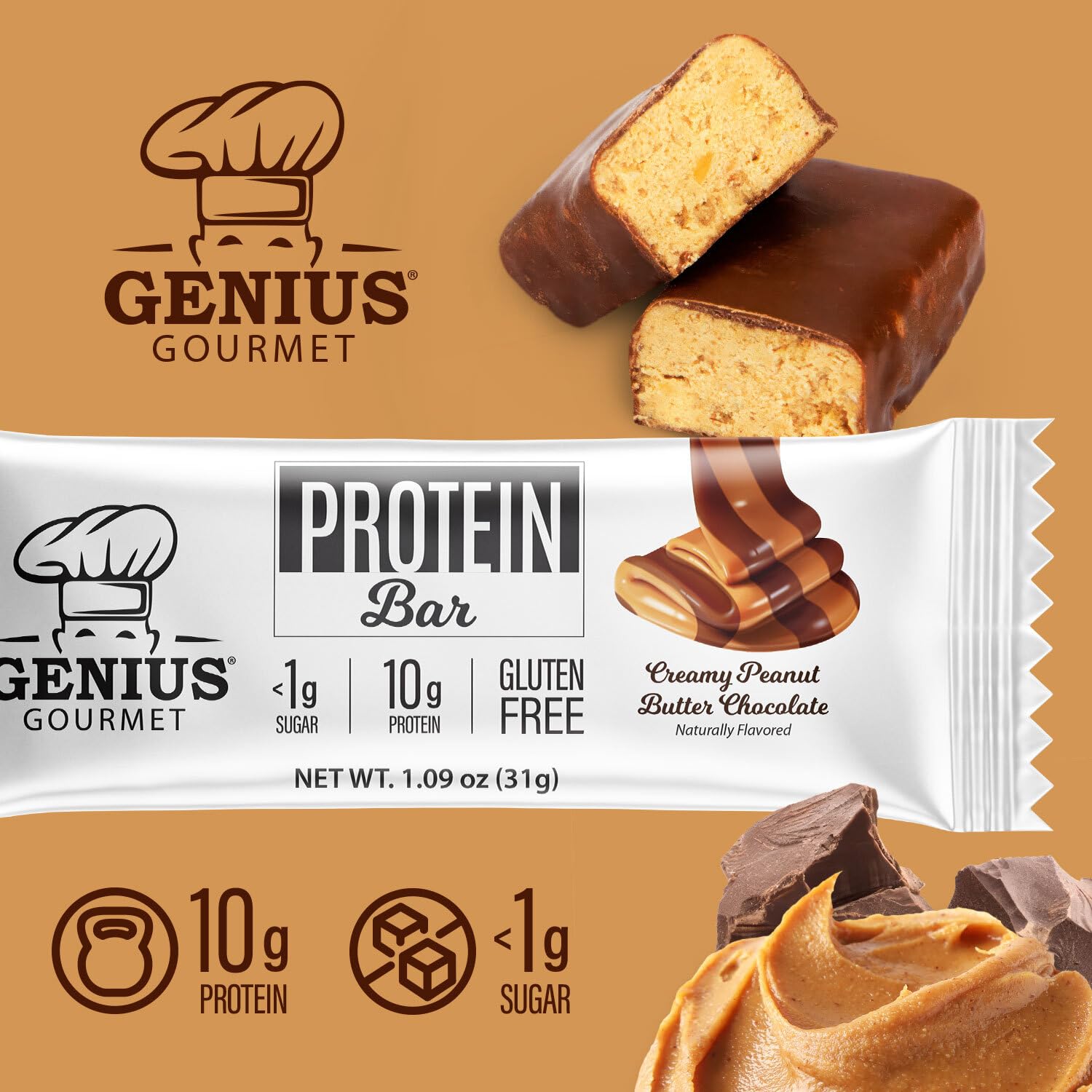 Genius Gourmet Protein Bar, Chocolate Peanut Butter, Keto Snack, Low Carb, Low Sugar & Gluten Free, Protein Snacks for Adults, 10G of Whey Protein per Protein Bar, 5 Net Carbs, 20 Count