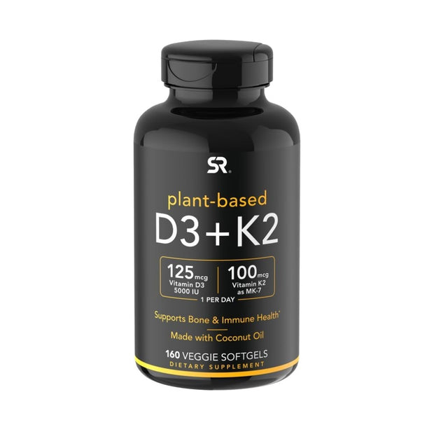 Sports Research Vitamin D3 K2 with 5000iu of Plant-Based D3 & 100mcg of Vitamin K2 as MK-7, Non-GMO Verified & Vegan Certified - 160 Liquid Softgels