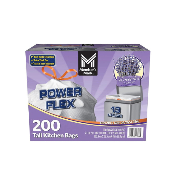 Member's Mark Power Flex Tall Kitchen Drawstring Trash Bags (13 Gallon, 2 Rolls of 100 ct., 200 count total)