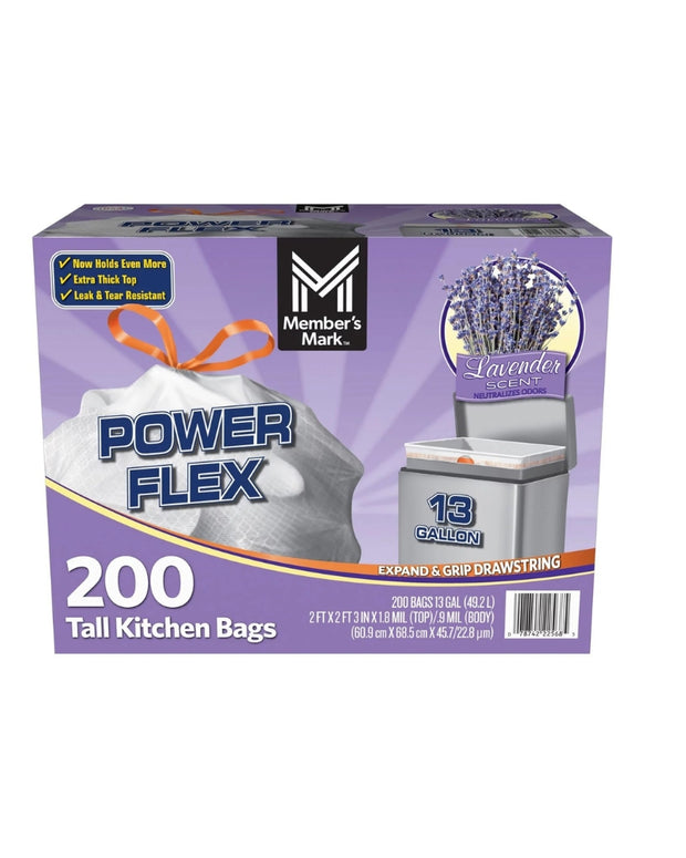 Member's Mark Power Flex Tall Kitchen Drawstring Trash Bags (13 Gallon, 2 Rolls of 100 ct., 200 count total)
