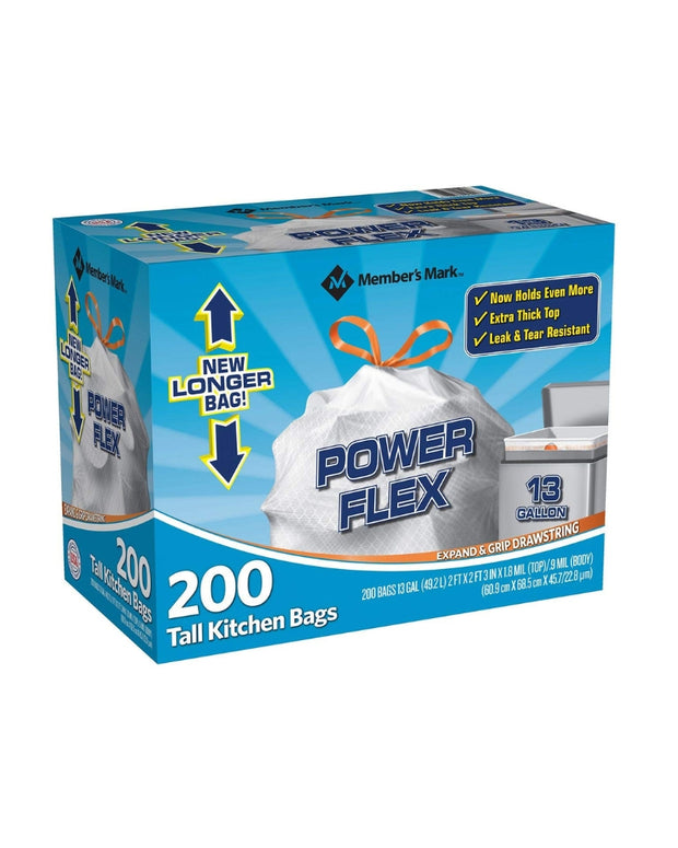 Member's Mark Power Flex Tall Kitchen Drawstring Bags, 200 Count