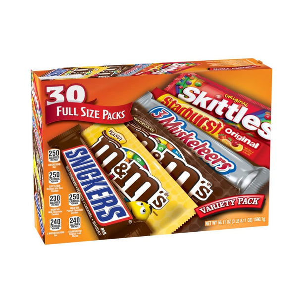 M&M'S, SNICKERS, 3 MUSKETEERS, SKITTLES & STARBURST Variety Pack Full Size Bulk Candy Assortment, 56.11 oz, 30 Count