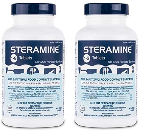 Sanitizing Tablets For Sanitizing Food Contact Surfaces, Kills E-Coli, HIV, Listeria, 1-G 150 Sanitizer Tablets per Bottle, Blue, Pack of 2 Bottles