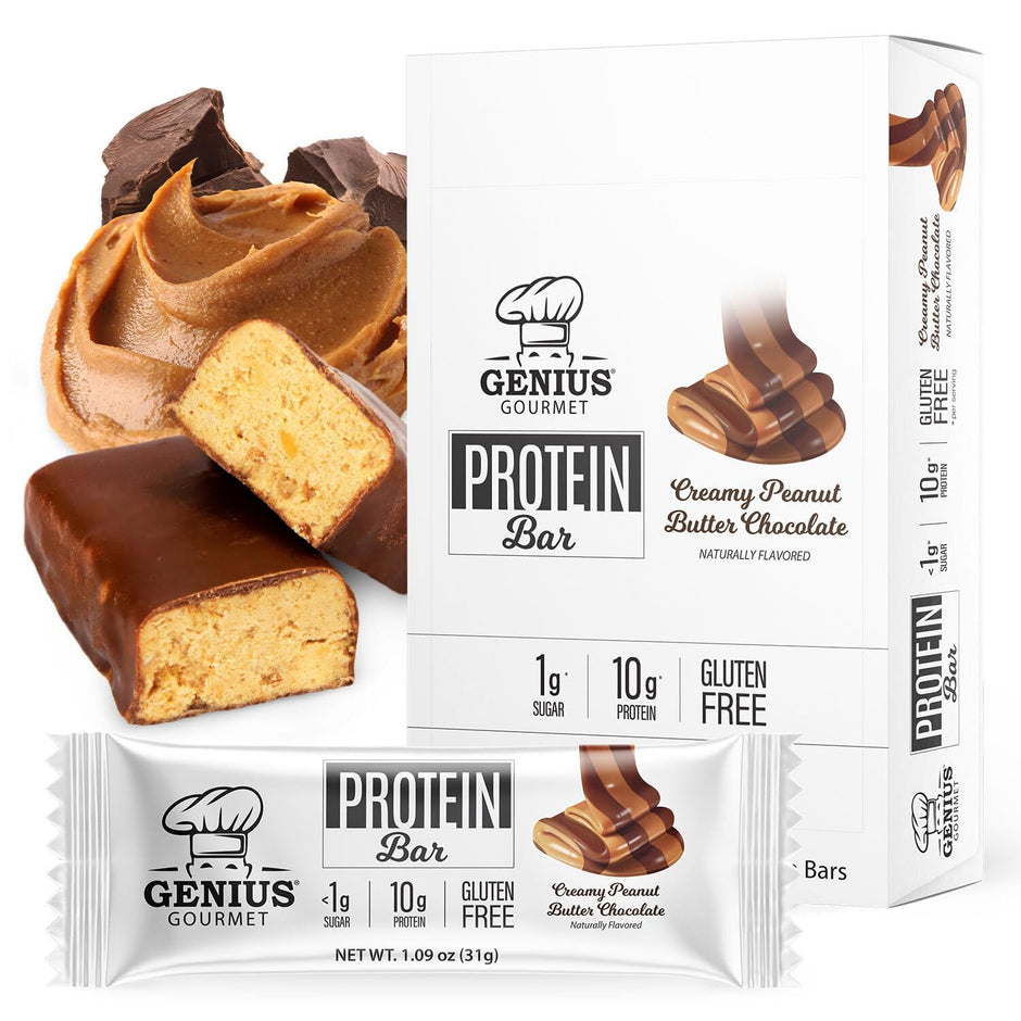 Genius Gourmet Protein Bar, Chocolate Peanut Butter, Keto Snack, Low Carb, Low Sugar & Gluten Free, Protein Snacks for Adults, 10G of Whey Protein per Protein Bar, 5 Net Carbs, 20 Count