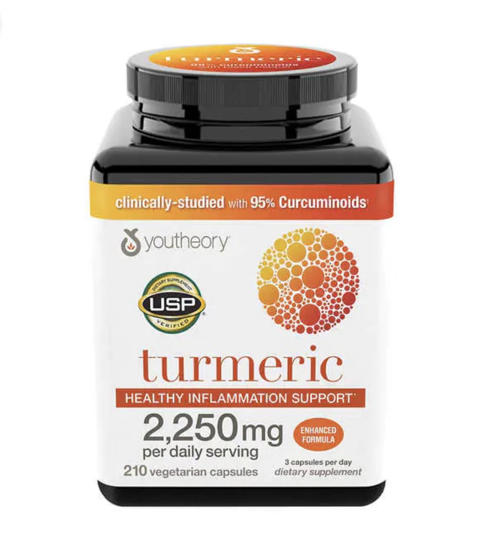 Youtheory Turmeric Curcumin Supplement with Black Pepper BioPerine, Powerful Antioxidant Properties for Joint & Healthy Inflammation Support 2250 MG 210 Capsules