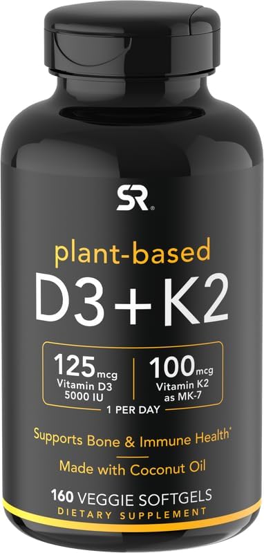 Sports Research Vitamin D3 K2 with 5000iu of Plant-Based D3 & 100mcg of Vitamin K2 as MK-7, Non-GMO Verified & Vegan Certified - 160 Liquid Softgels