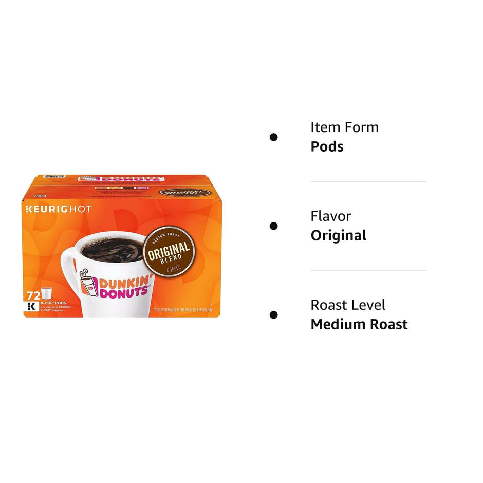 Dunkin' Donuts Original Blend Coffee K-Cup Pods, Box of 72 Count