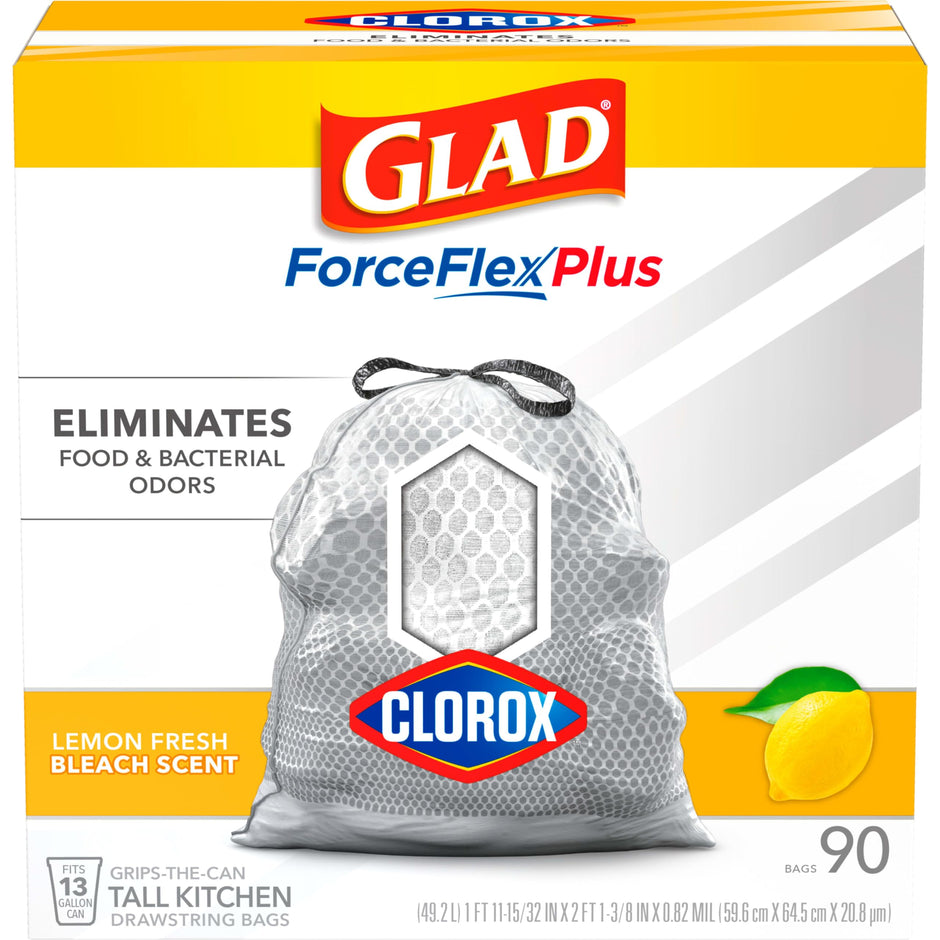 Glad Trash Bags, Tall Kitchen Garbage Bags ForceFlex Plus with Clorox, 13 Gallon, Lemon Fresh Bleach Scent 90 Count (Package May Vary), White-gray, Lemon Fresh