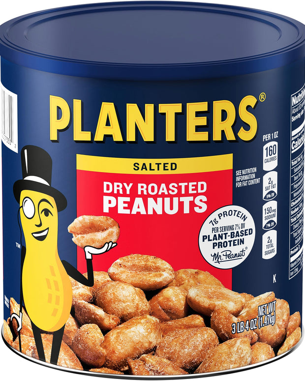 PLANTERS Salted Dry Roasted Peanuts, Party Snacks, Plant Based Protein 52 Oz Cannister