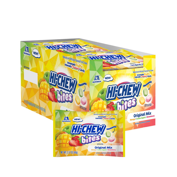 HI-CHEW Bites Original Mix, Pack of 12 Bags, 2.12oz each | Mango Green Apple Strawberry Chewlets | Unique Fun Soft & Chewy Taffy Candy | Immensely Juicy Fruit Flavors